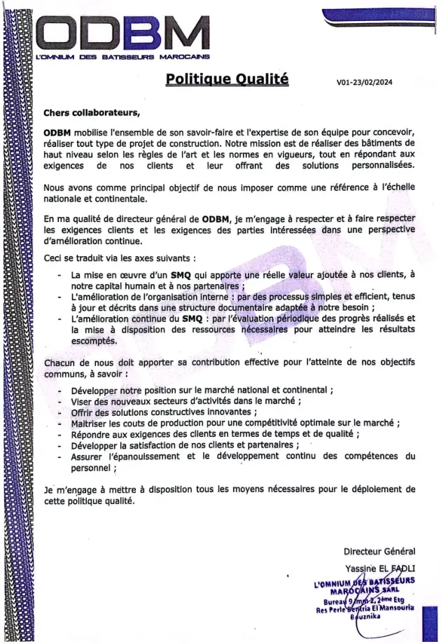 Politique Qualité ODBM — document officiel signé